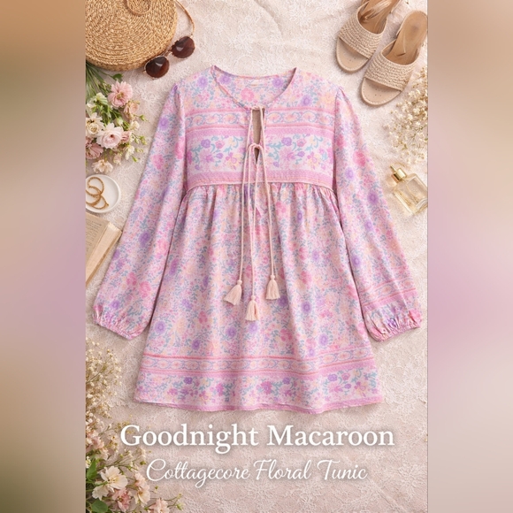 Goodnight Macaroon Tops - Goodnight Macaroon Floral Cottagecore Tunic Top Dress Medium Babydoll Boho
